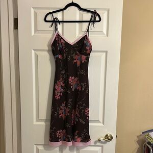 Vintage 90s Brown Floral Spaghetti Strap Midi Dress